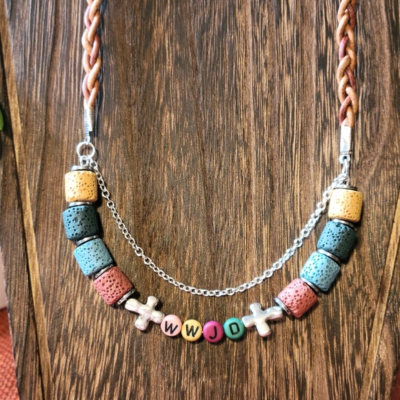 Christian WWJD Cross beaded - braided leather cord BOHO necklace. - Picture 2 of 3